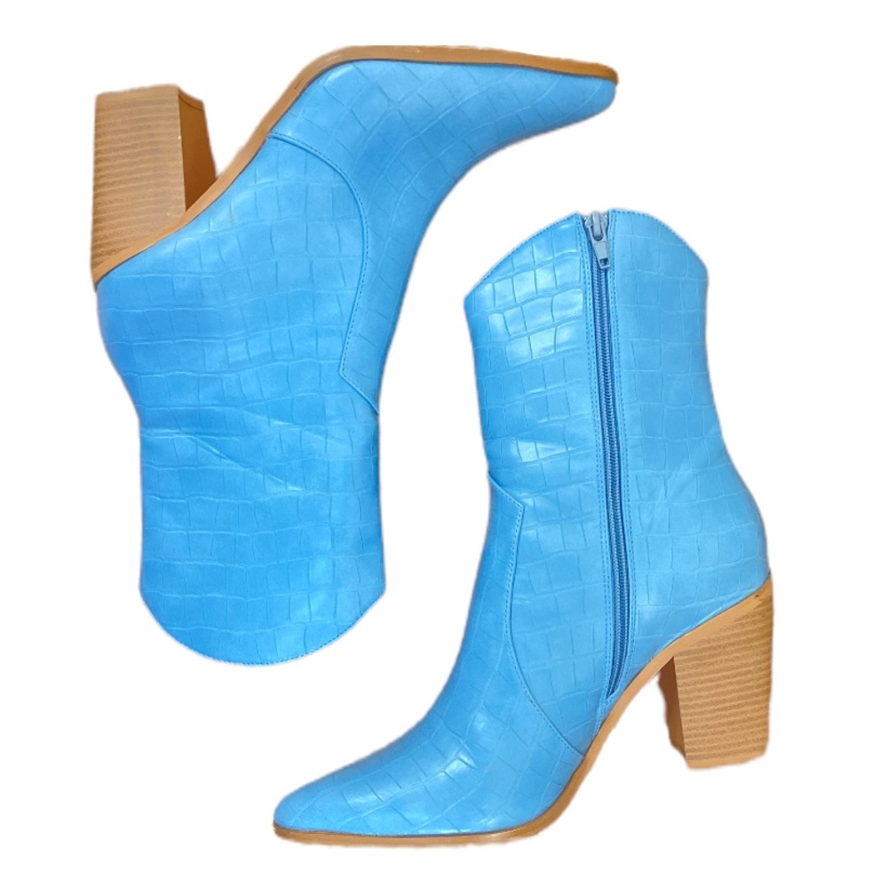 Lulus Eleora blue crocodile-embossed mid-calf heel boots 8.5